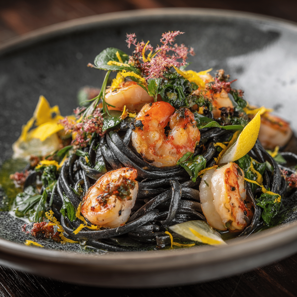 Pasta squid ink recipe served with shrimp and lemon zest