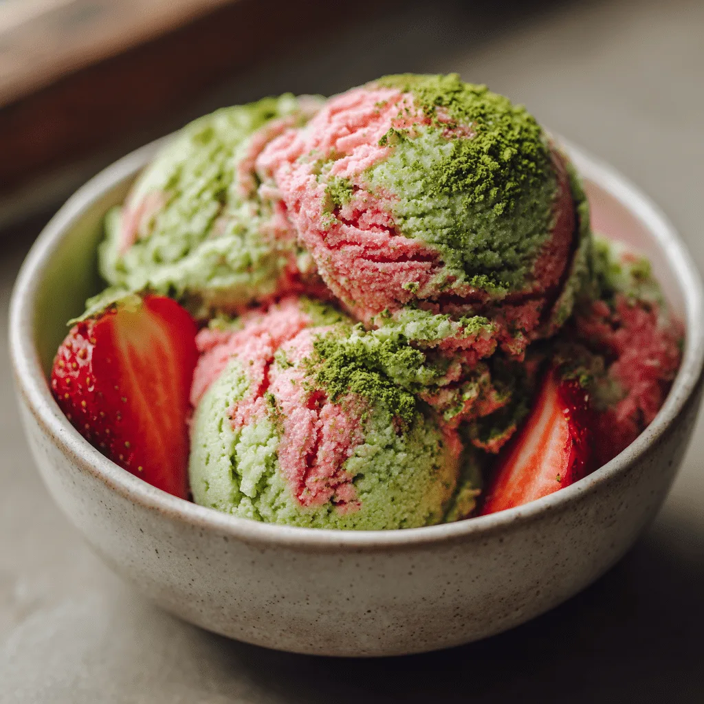 Strawberry matcha ice cream in rustic bowl with swirl