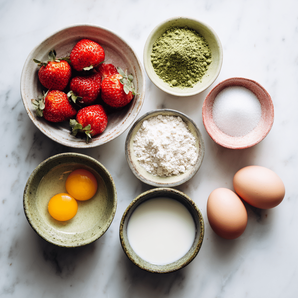 Strawberry matcha ice cream ingredients flat lay
