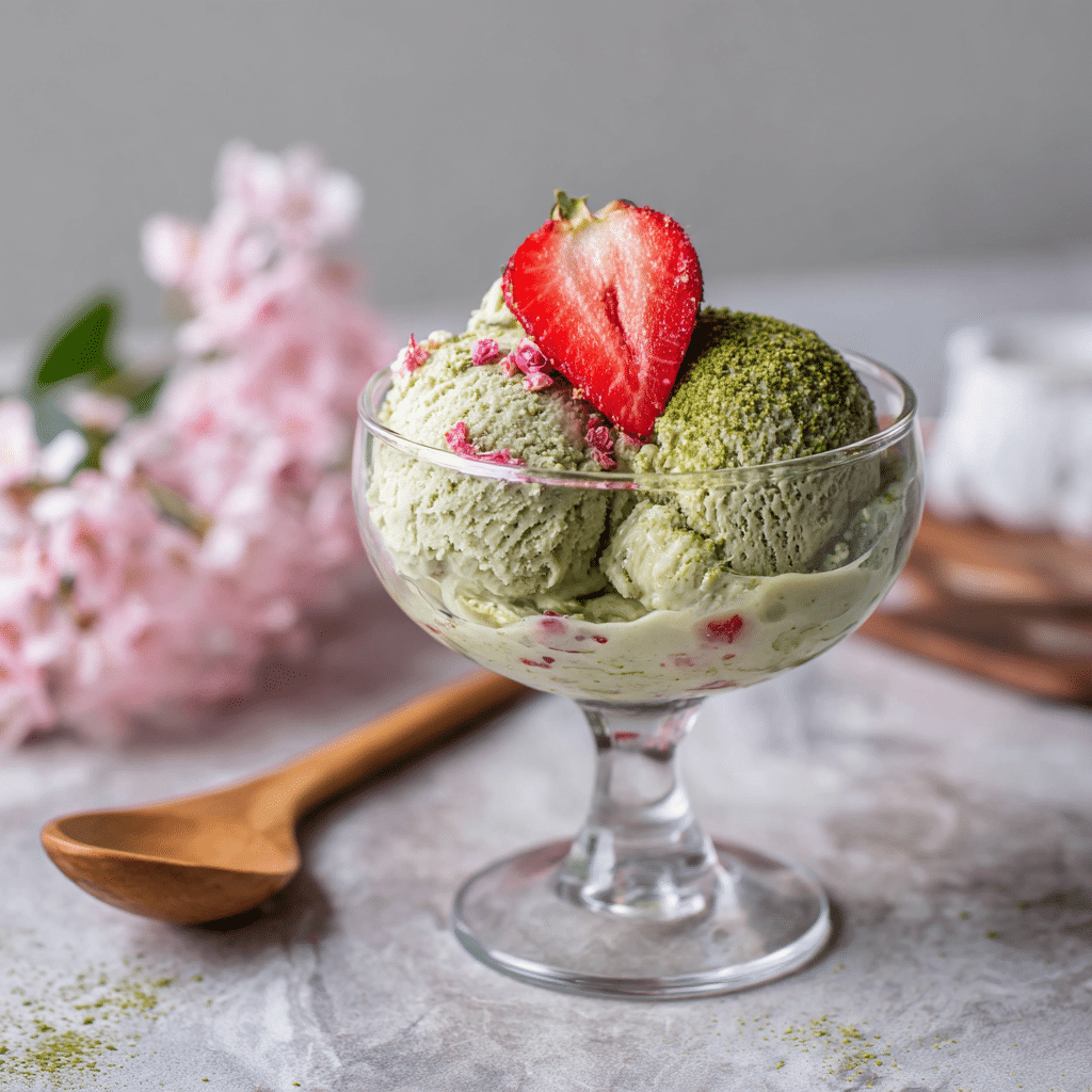 Strawberry matcha ice cream served in dessert bowl