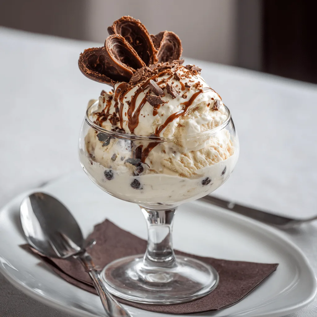 Served vanilla chocolate chunk ice cream dessert