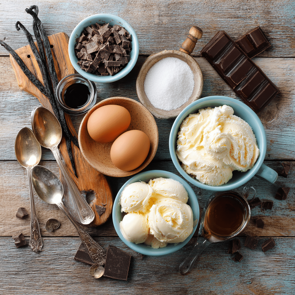 Vanilla ice cream chocolate ingredients flat lay