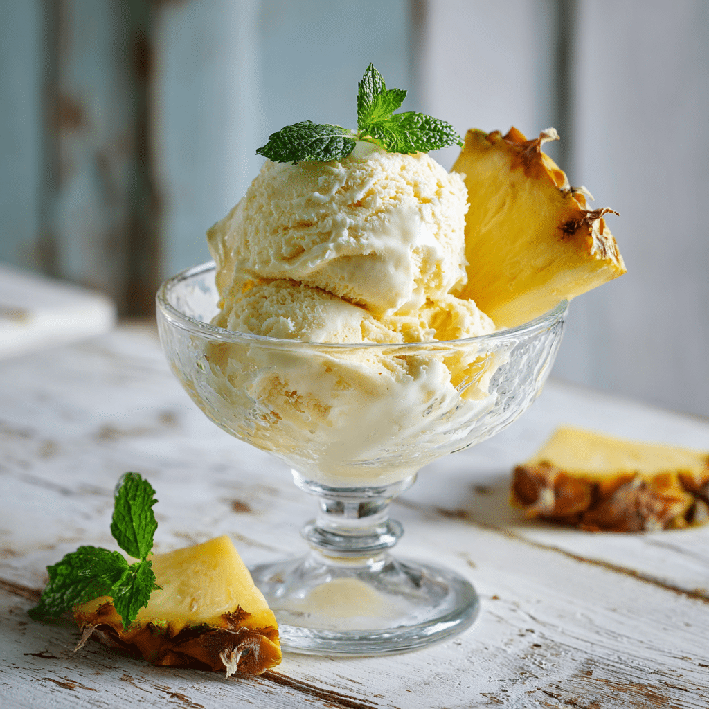 3 ingredient pineapple ice cream in glass bowl