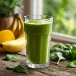 Best Ever Green Smoothie Recipes in glass with tropical fruit