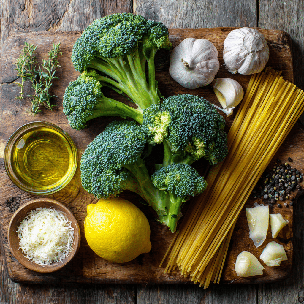 broccoli pasta ingredients flat lay