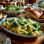serving broccoli pasta family style