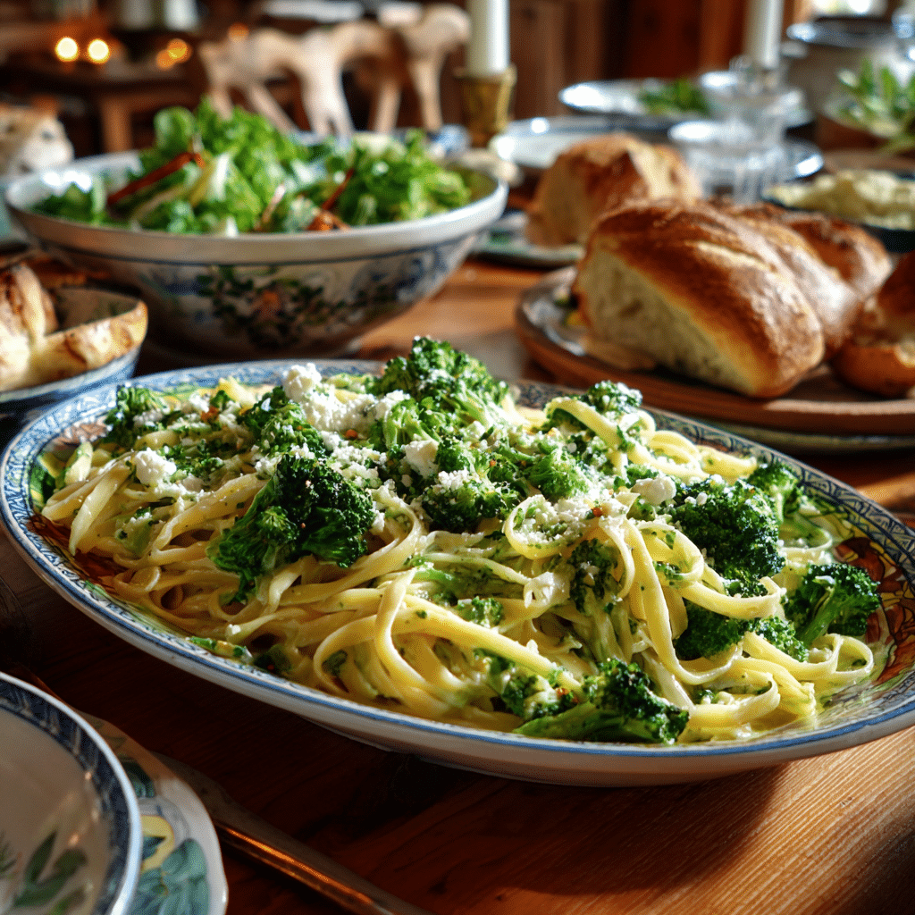 serving broccoli pasta family style
