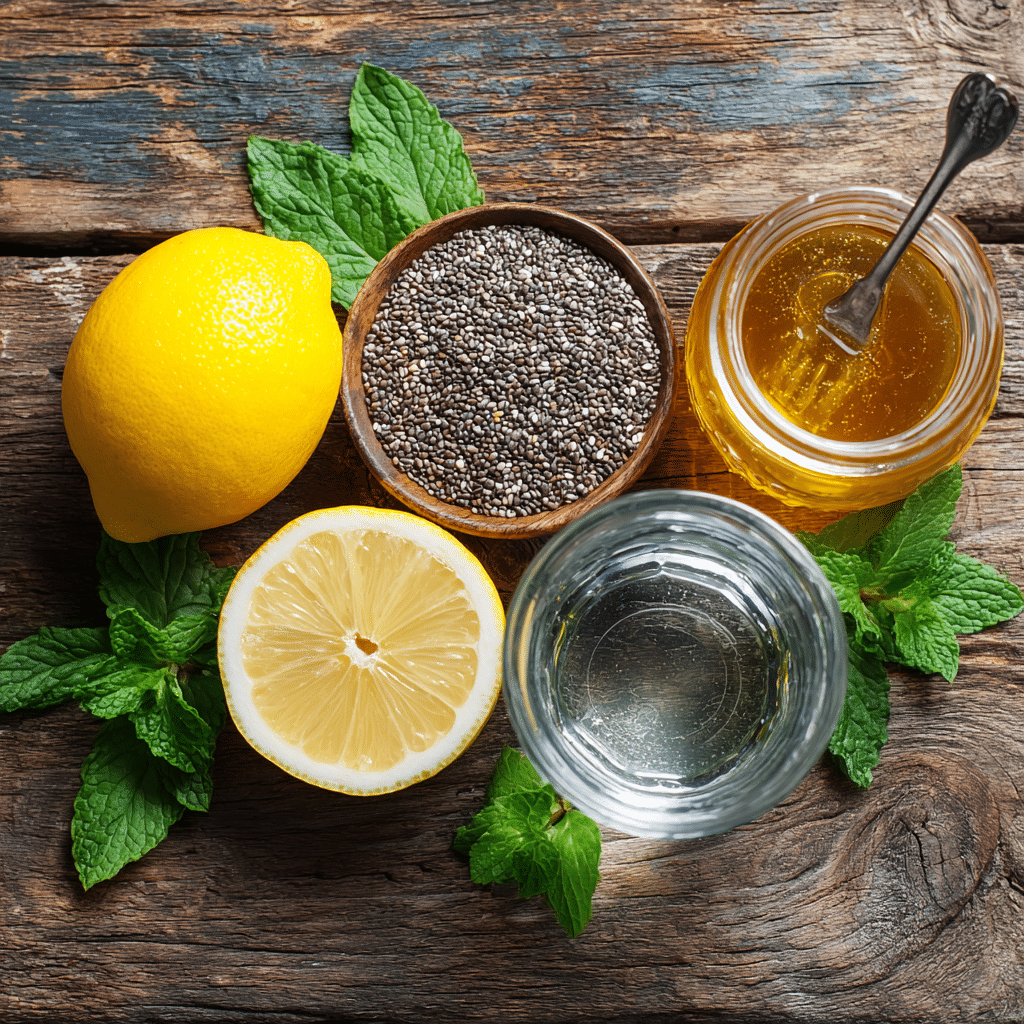 chia water ingredients flat lay