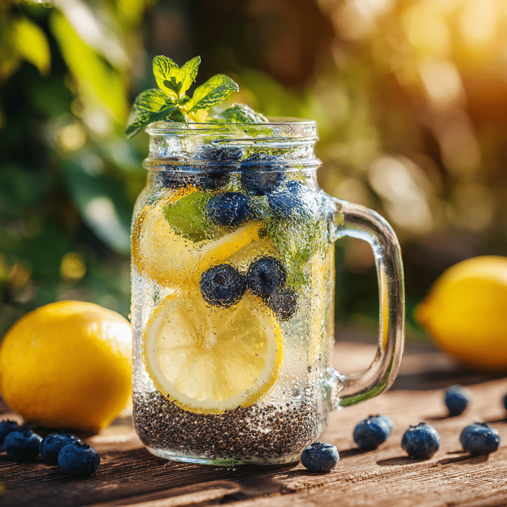 chia water served with lemon and blueberries
