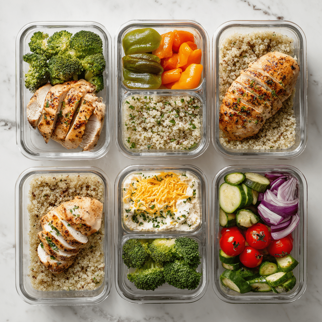 High protein meal prep containers arranged for the week