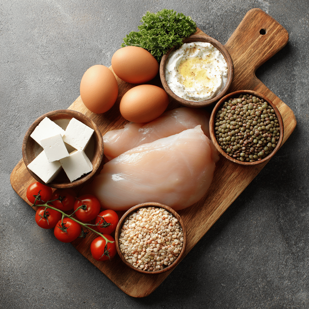Ingredients for high protein meal prep including chicken and tofu