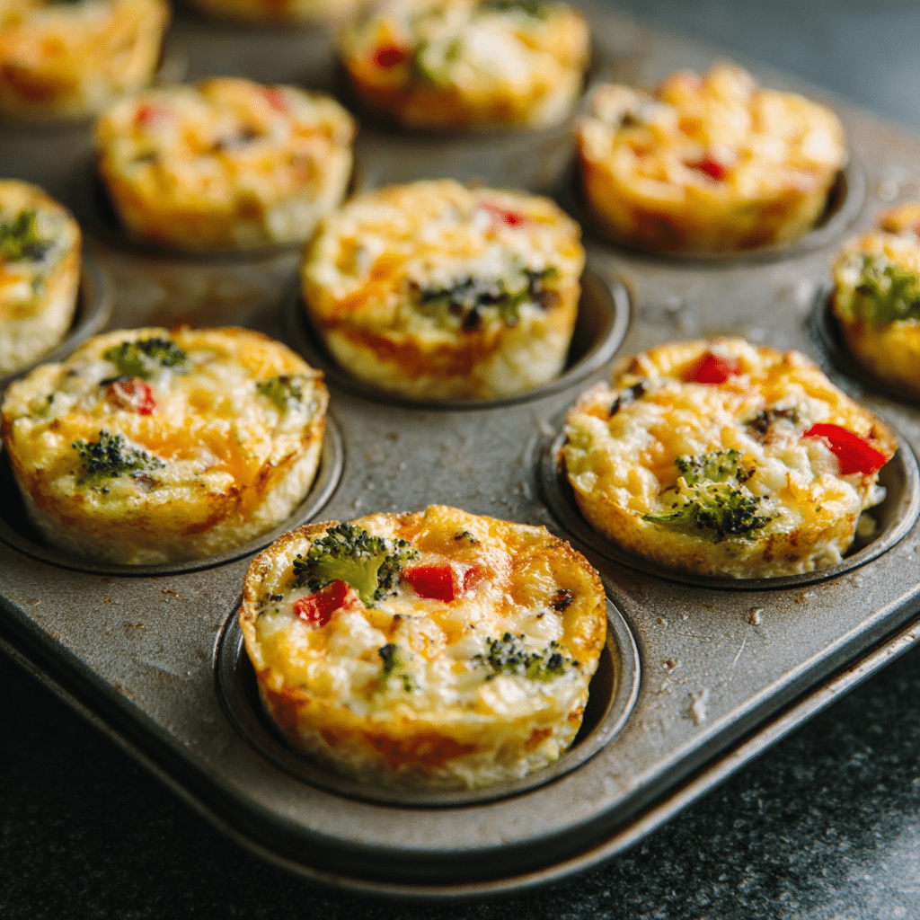Freshly baked breakfast egg muffins cooling in a muffin tray