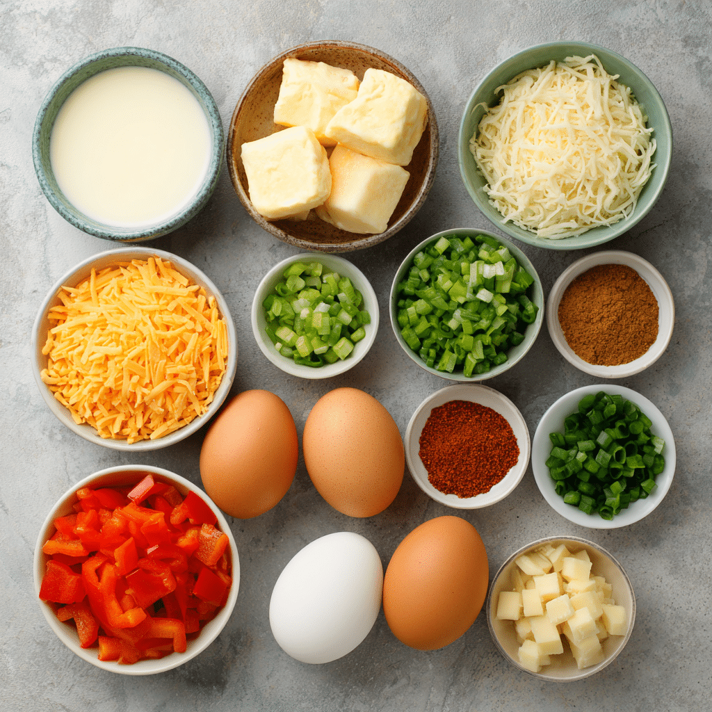 Raw ingredients for egg muffins including eggs, veggies, cheese, and herbs