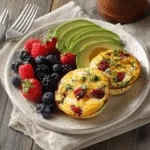 Served breakfast egg muffins on a plate with avocado and fruit