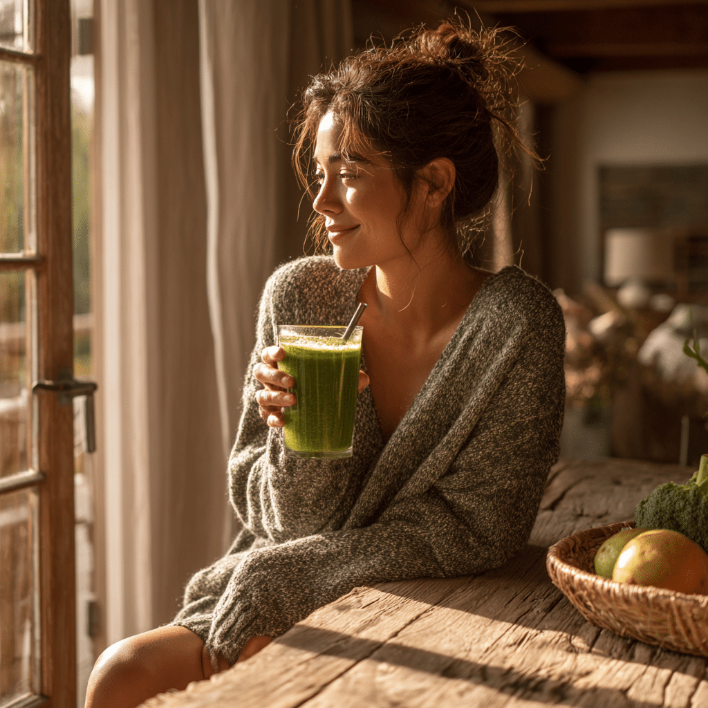 Woman drinking smoothie at breakfast table