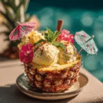 Pineapple ice cream served in pineapple shell