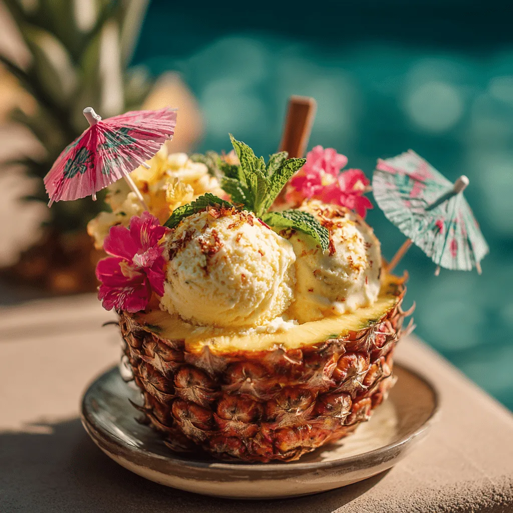 Pineapple ice cream served in pineapple shell