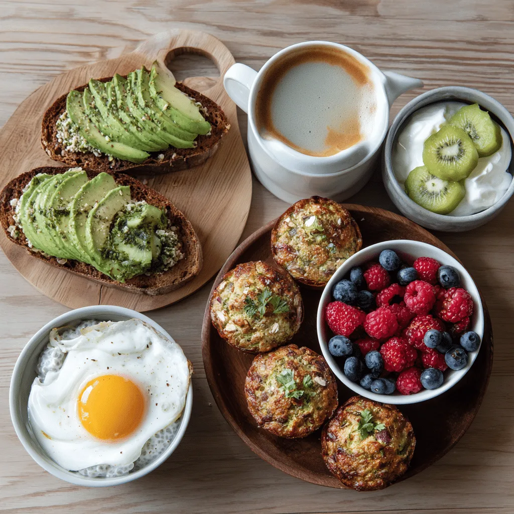 Healthy low sugar breakfast spread with eggs, toast, and chia