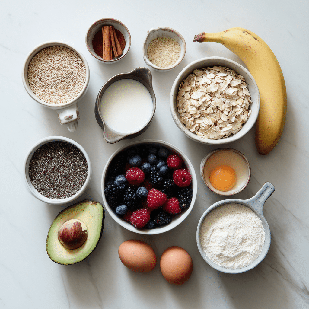 Ingredients for low sugar breakfast ideas like chia and oats
