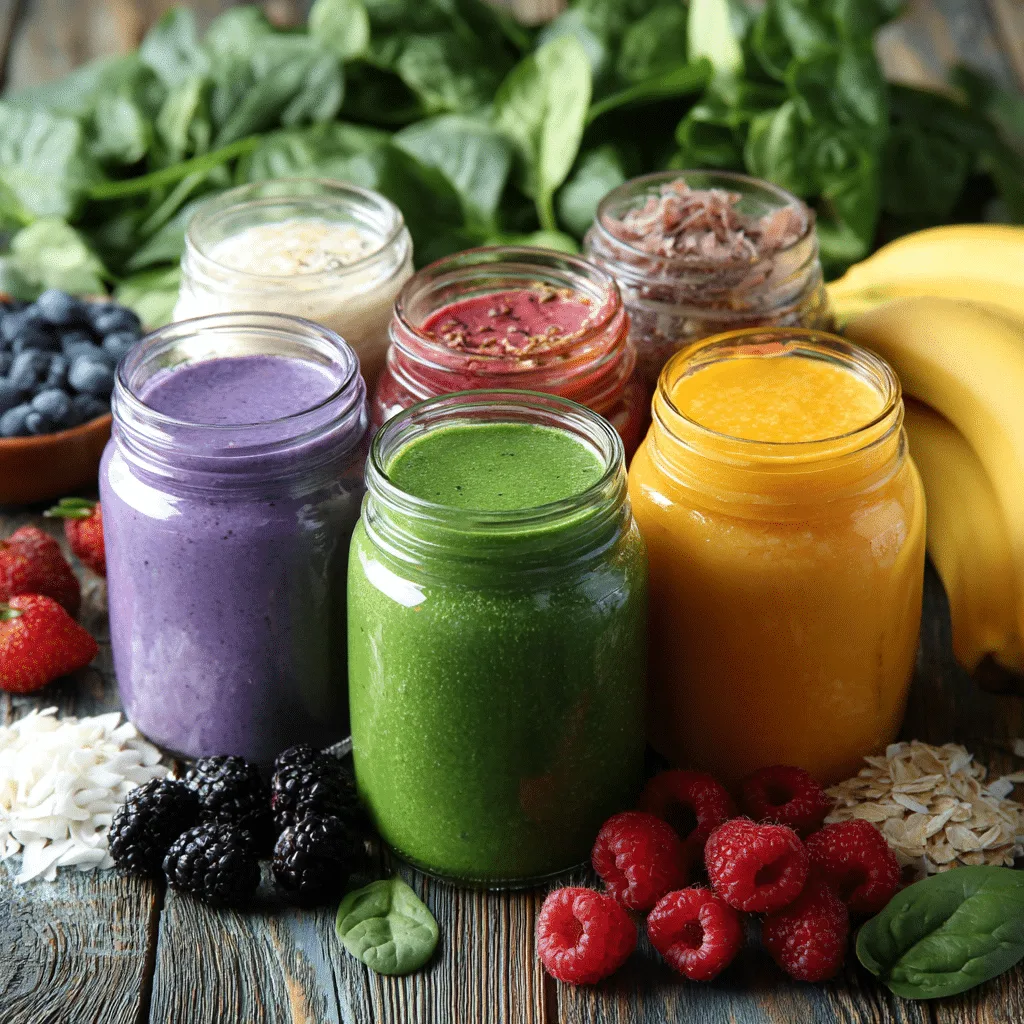 Vegan smoothies in glass jars with fresh fruits and greens