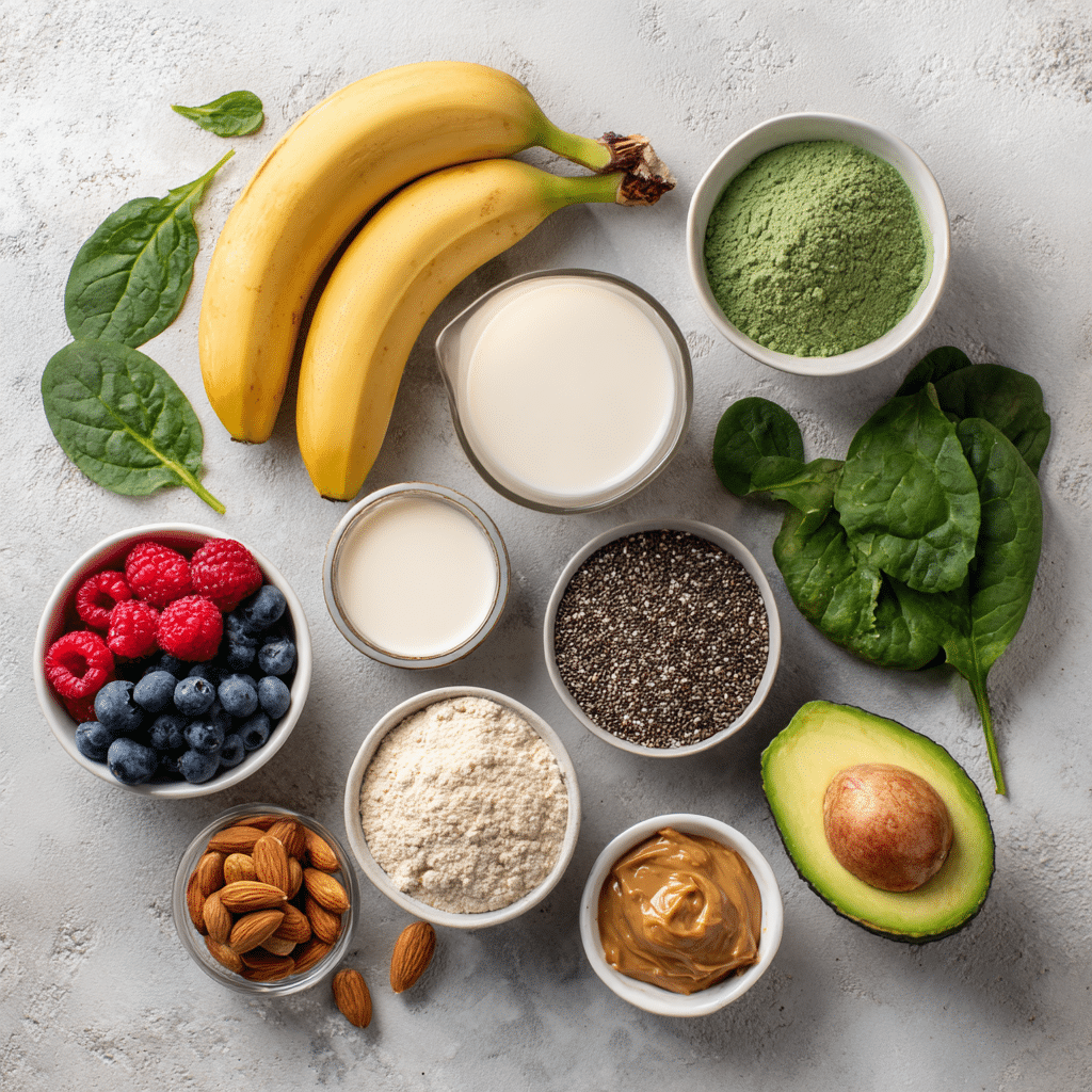 Vegan smoothie ingredients arranged neatly on a surface
