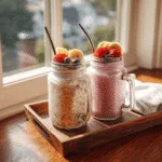 Vegan smoothies served in mason jars with toppings
