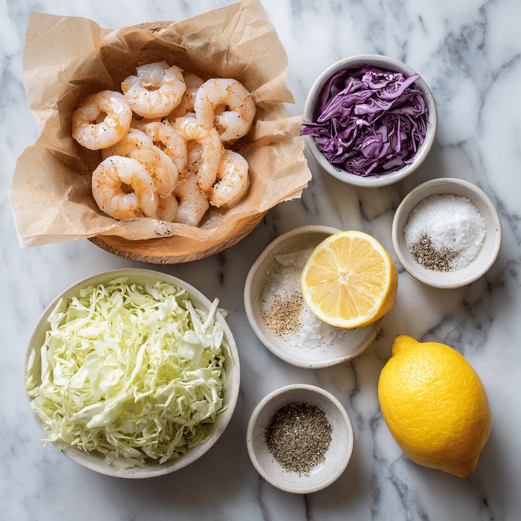 Ingredients for a lemon pepper shrimp protein sparing bowl