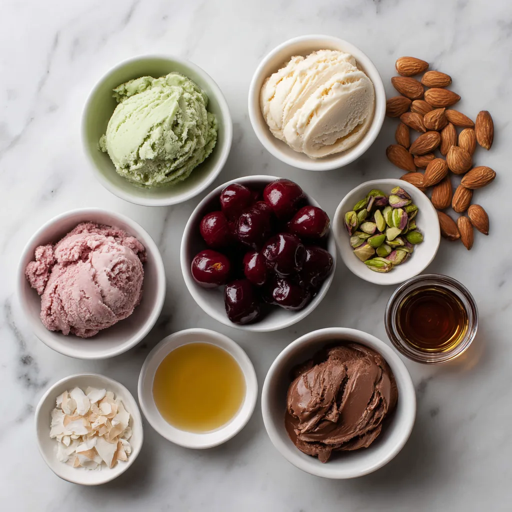 Spumoni ice cream ingredients flat lay