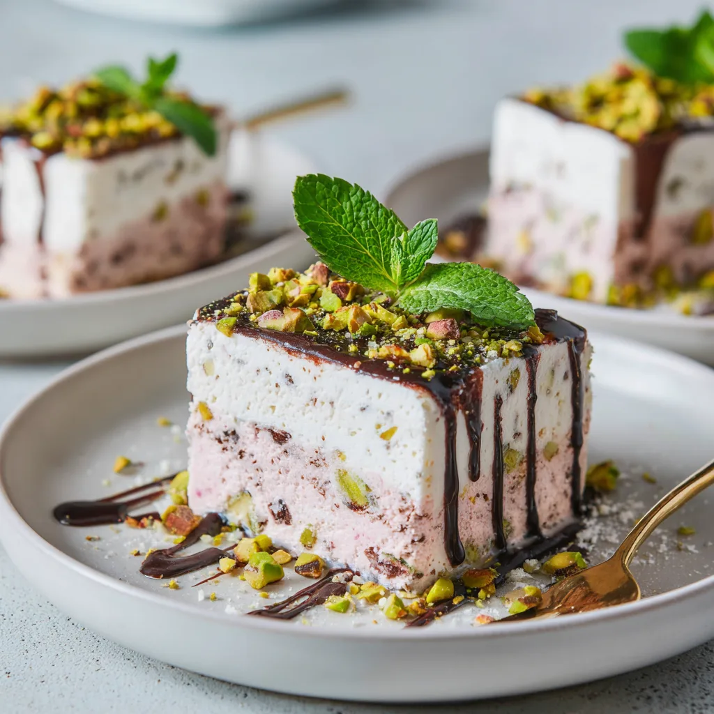 Sliced spumoni ice cream plated for serving