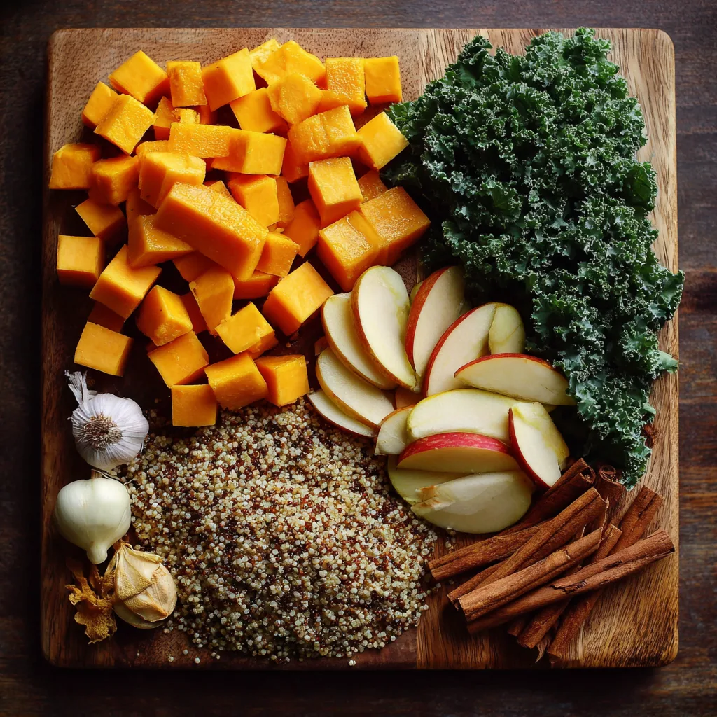 flat-lay of healthy fall recipes ingredients including pumpkin, squash, and kale