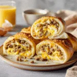 Sausage egg breakfast rolls sliced open on a rustic board