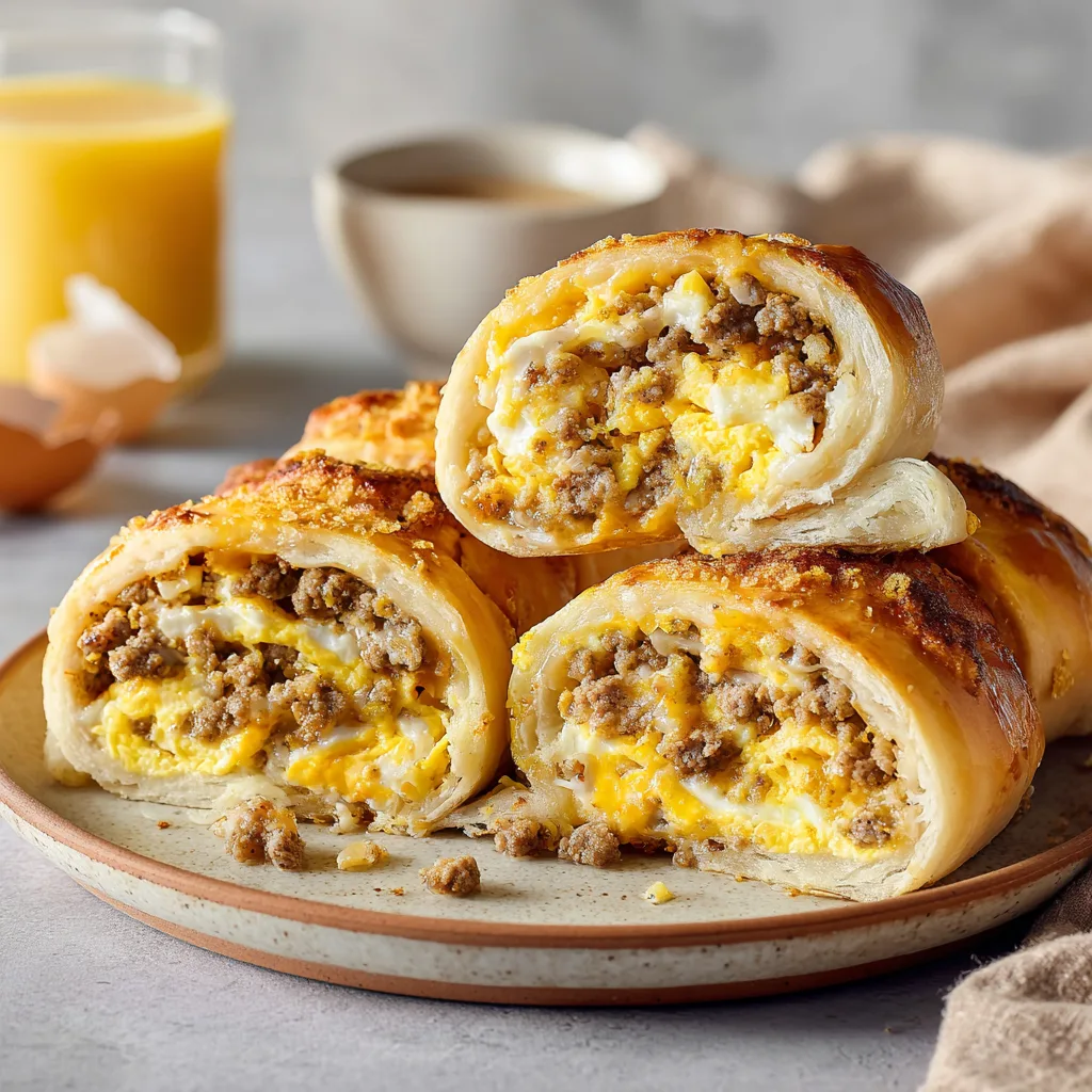 Sausage egg breakfast rolls sliced open on a rustic board