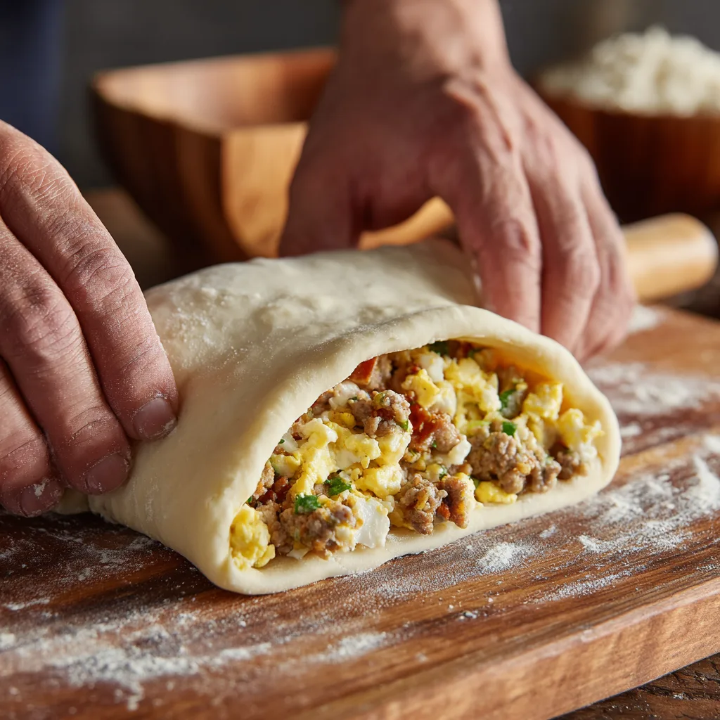 Hands rolling sausage egg breakfast rolls with visible filling