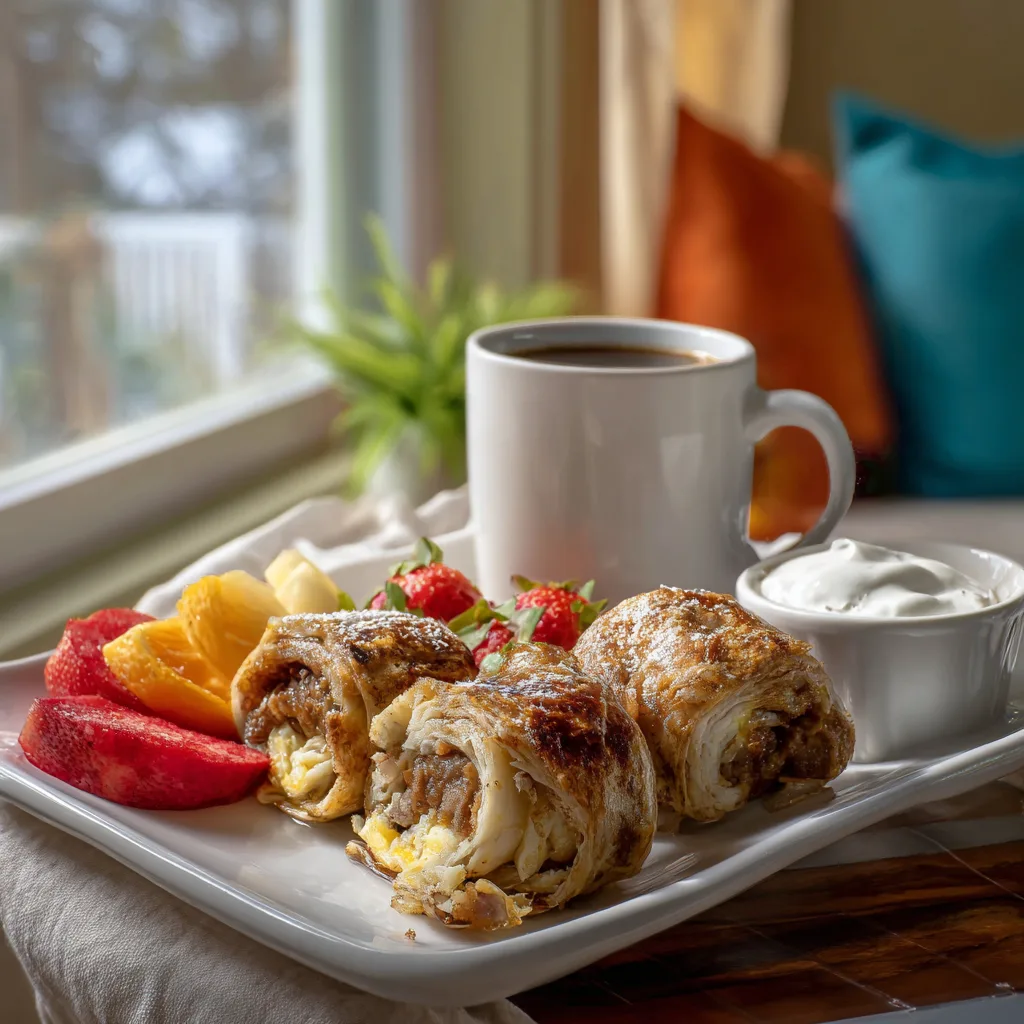 Sausage egg breakfast rolls served with fruit and yogurt