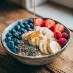 Healthy breakfast bowl with fruit and oats