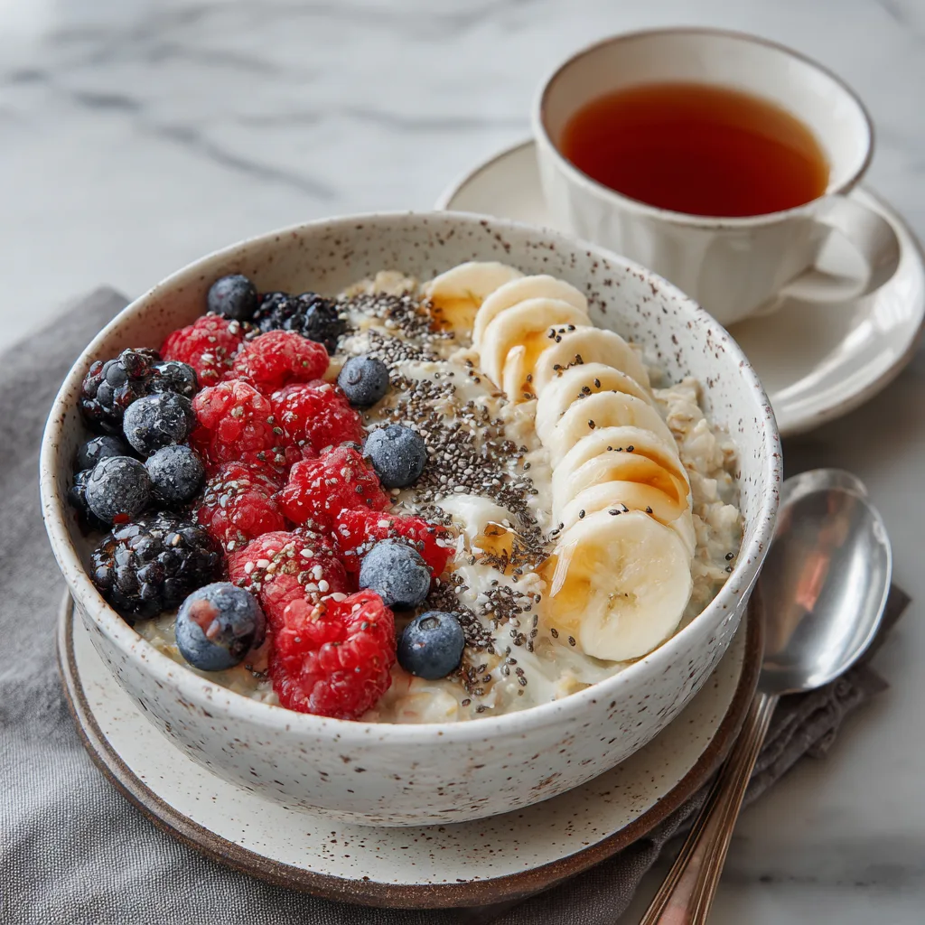 Healthy breakfast bowl served with tea