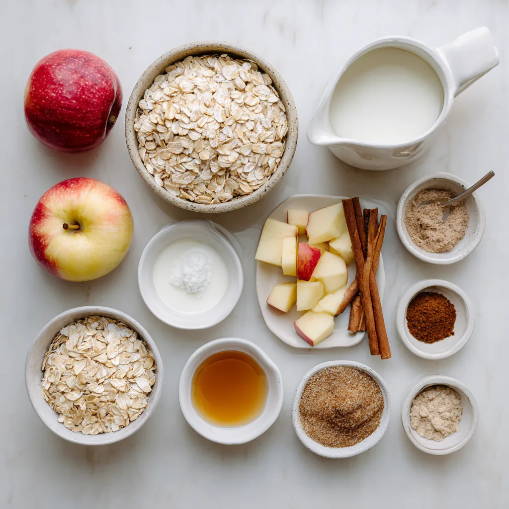 Ingredients for apple cinnamon oatmeal bowl recipe