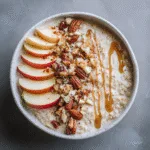 Served apple cinnamon oatmeal bowl with toppings