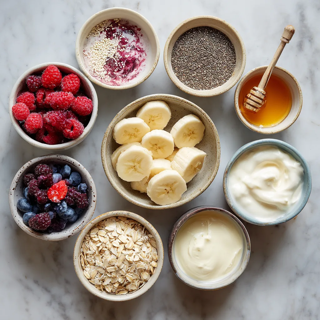 Ingredients for a 5-minute fruit smoothie bowl laid out