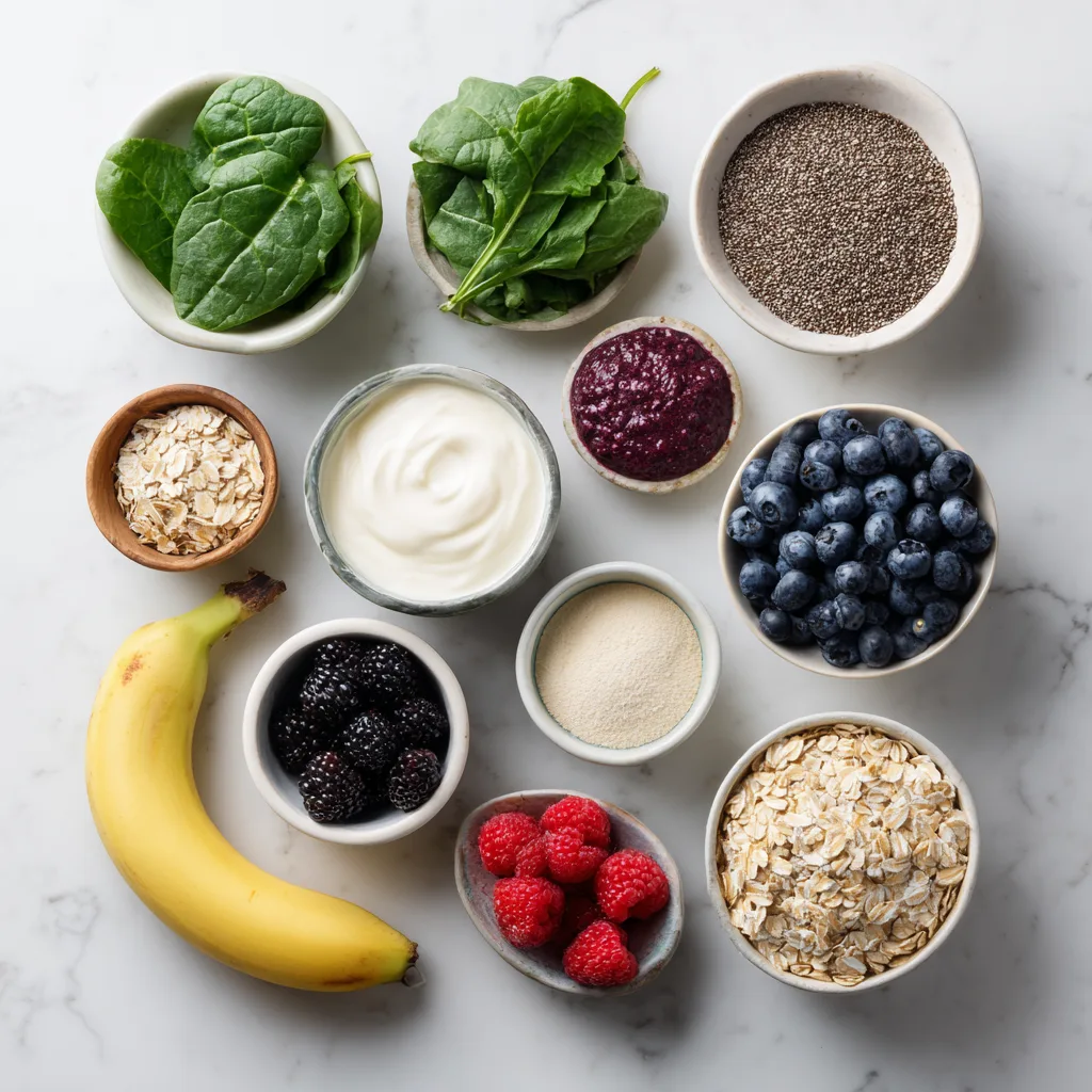 Ingredients for the 21-day smoothie diet laid out on a counter