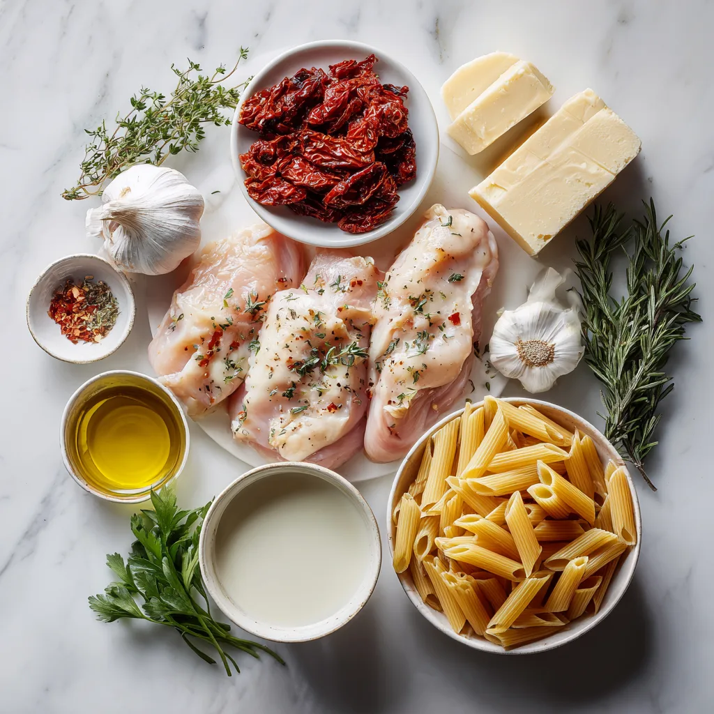 Ingredients for Marry Me Chicken Pasta laid out on a countertop