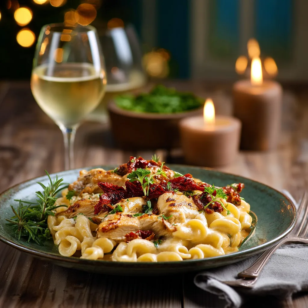 Served plate of Marry Me Chicken Pasta with wine and herbs