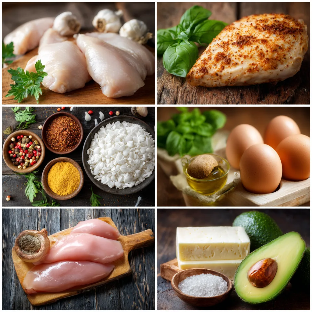 Ingredients for keto chicken recipes including thighs, cream, and cheese