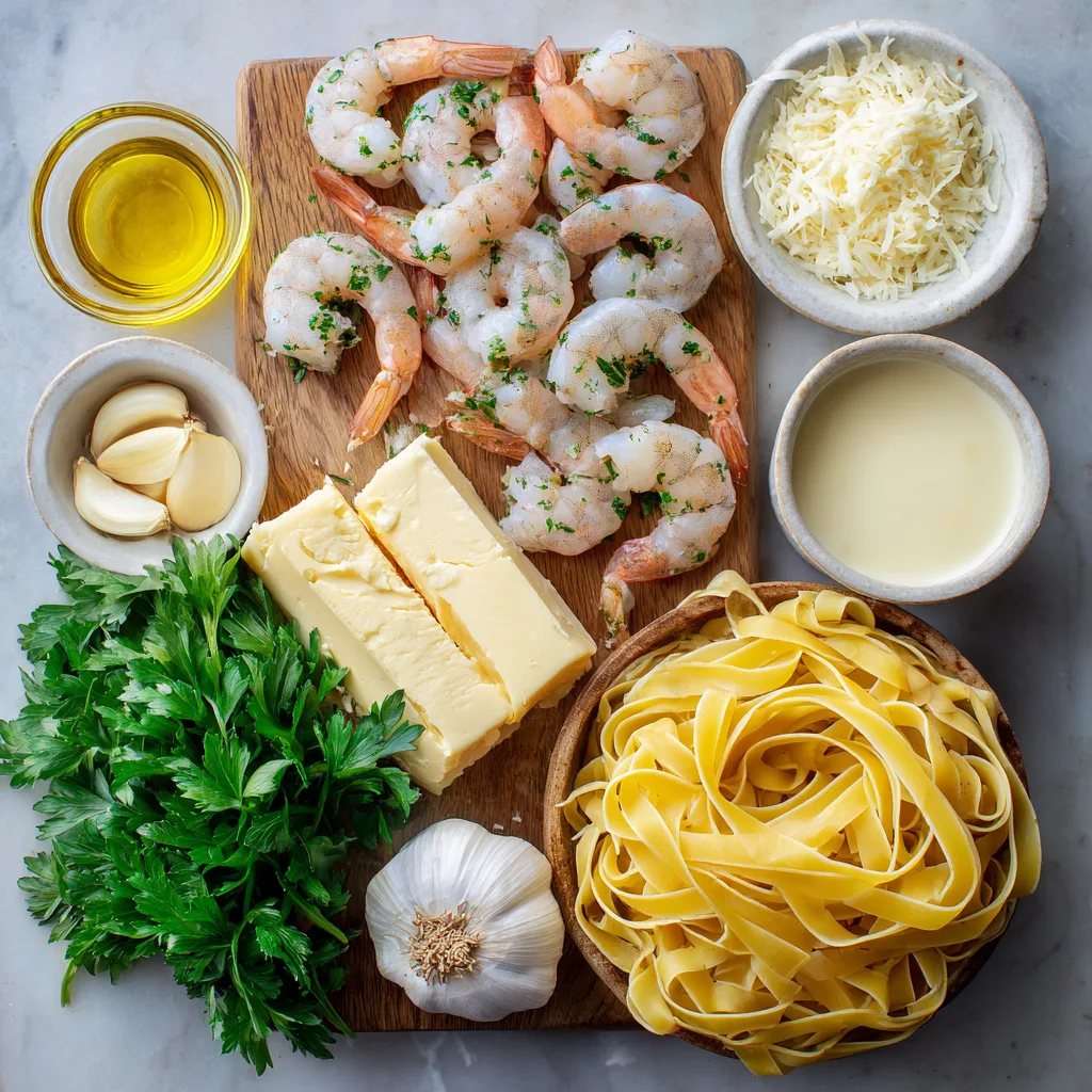 Ingredients for creamy garlic butter shrimp pasta including shrimp, garlic, butter, and pasta