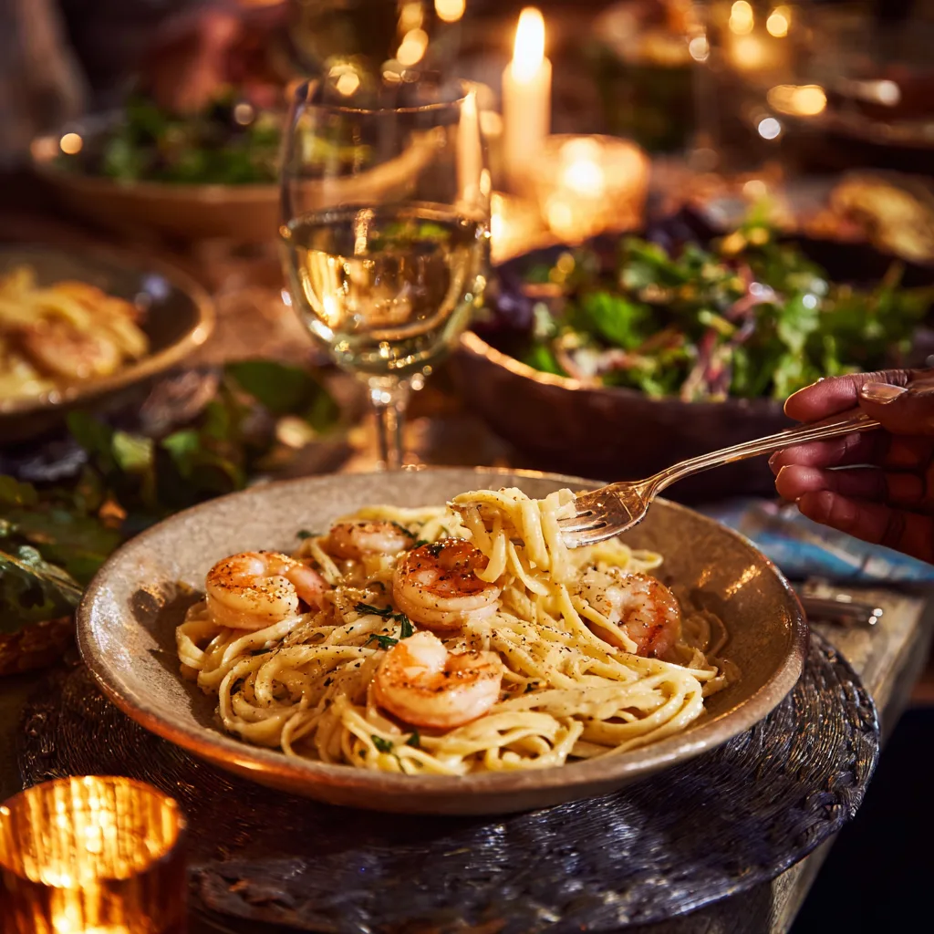 Served creamy garlic butter shrimp pasta with wine and salad on dinner table