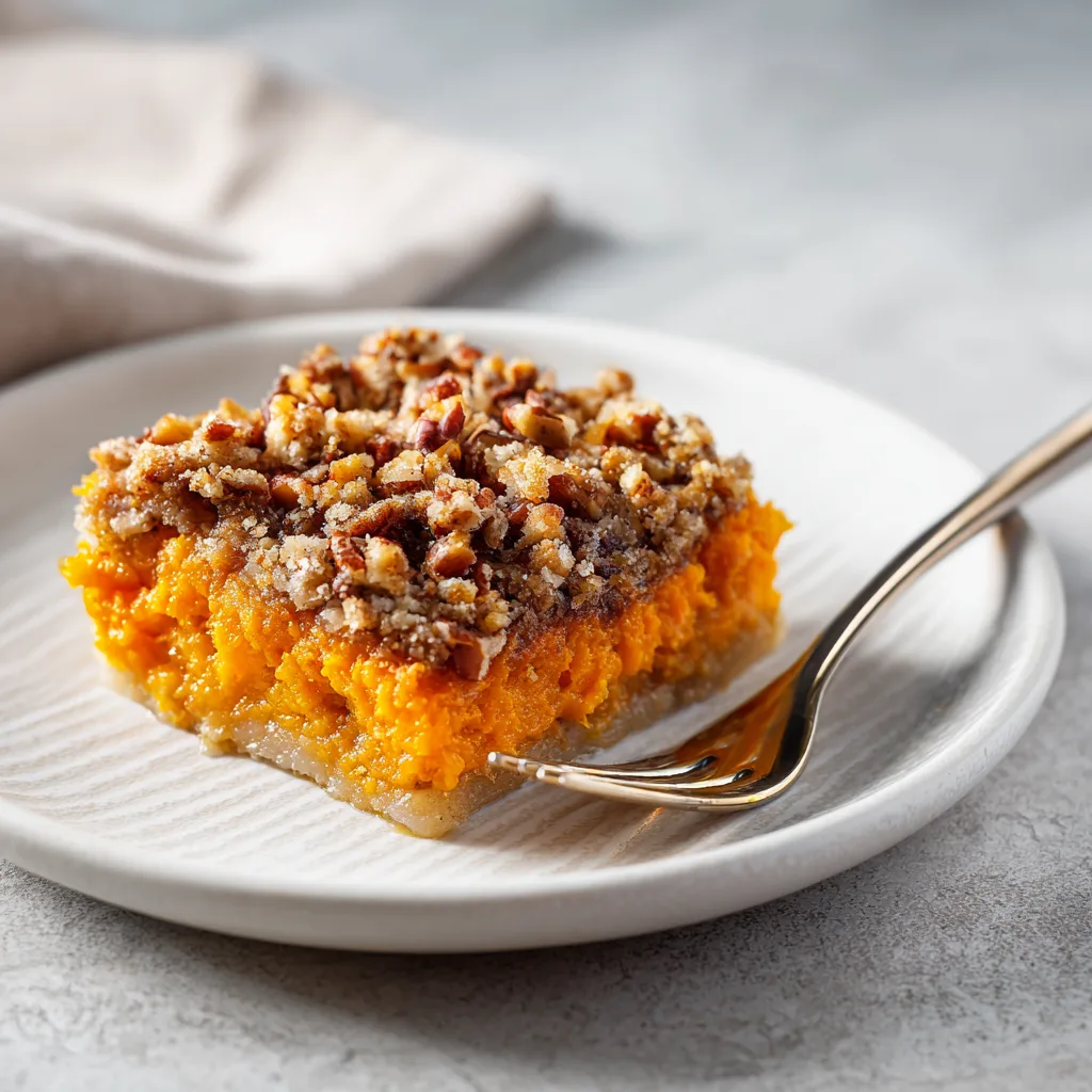 Plated serving of maple sweet potato casserole with pecans