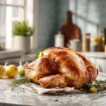 Roasted turkey after using turkey brine recipe on marble countertop