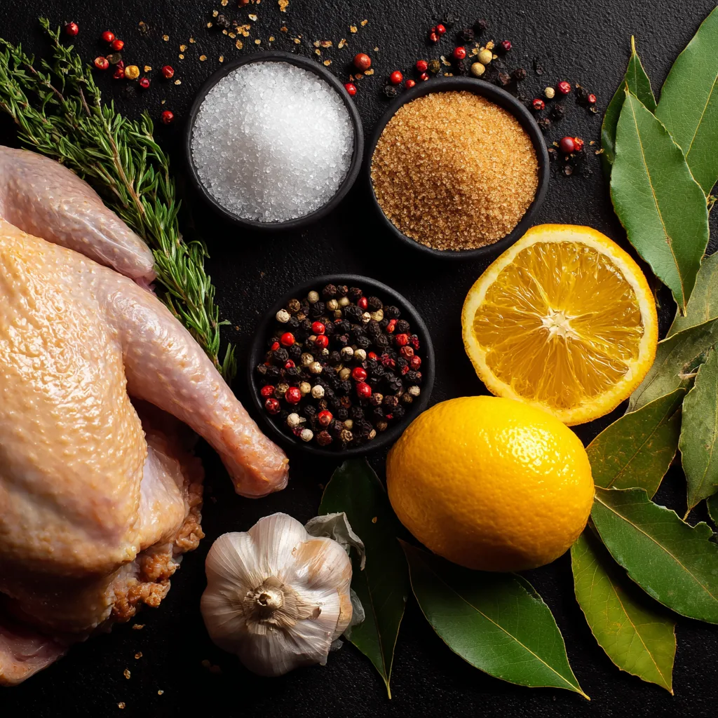 Ingredients for turkey brine recipe laid out on modern black surface