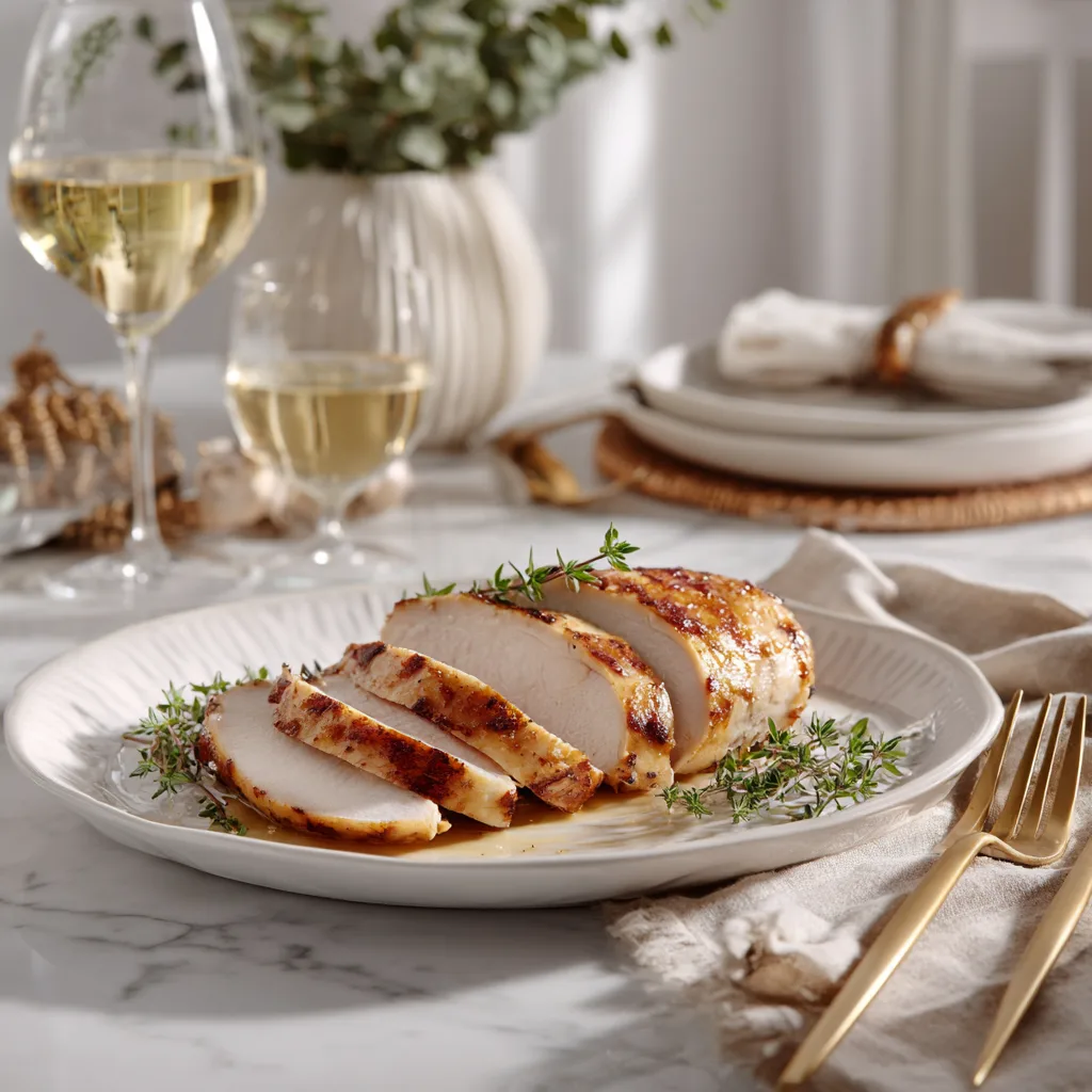 Sliced turkey breast served on white plate with herbs
