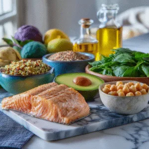 Wegovy meal prep ingredients flat lay modern